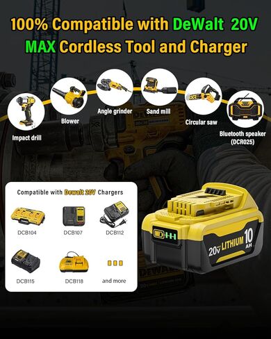 4Pack 20V 10Ah Replacement for Dewalt 20V MAX Battery and Charger | Compatible with Dewalt 20 Volt Battery DCB207 DCB204 DCB200 DCB201 DCB203 Series Power Tool in Kuwait