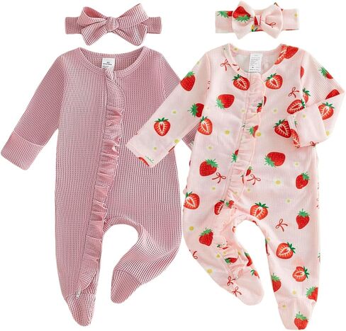 Baby Girl Footies Newborn Zipper Sleeper 2 Pack Ruffle Pajamas Romper Coming Home Outfit in Saudi Arabia