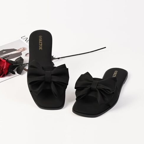 Women's Bow Flat Sandals Saquare Toe Comfortable Slide for Wedding in Kuwait