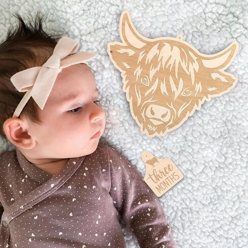 Huray Rayho Highland Cow Baby Monthly Milestone Cards, Wooden Photo Props | Baby Milestone Sign 14Pcs, Hello World Birth Announcement & Birth Stat Photo Prop, Nursery Decor, Newborn Gift in Saudi Arabia