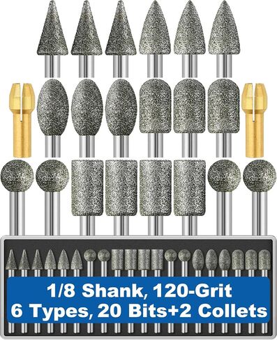 20Pcs 46-Grit Diamond Grinder Bit 1/8" Shank Compatible with Dremel Rotary Tool Attachment Accessories Grinding Burrs for Stone Glass Resin Porcelain Ceramic Quartz Glaze Steel Carve Engrave Polish in Saudi Arabia