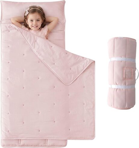 Toddler Nap Mat with Pillow and Blanket, Rollup Kids Slumber Bags | 55"x35" Sleeping Mat Beige with Carrying Handle & Name Tag for Kids Ages 3 Plus Preschool Daycare Kindergarten Camping Travel in Kuwait