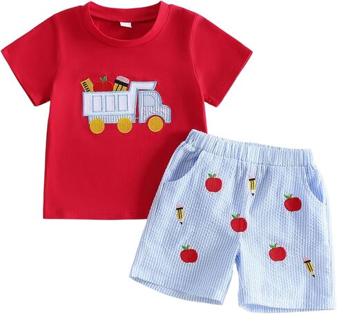 Boy Back To School Outfit Short Sleeve Apple Embroidery Tops Plaid Shorts | Toddler Baby Boy First Day Of Kindergarten Outfit Pencil Embroidery T-shirt Tops Elastic Waist Shorts Set Boys Summer Clothes in Saudi Arabia