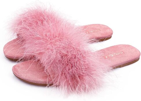 BCTEX COLL Women's Fuzzy Fluffy Open Toe Memory Foam Feather Slippers | Slip-on, Furry Indoor House Sandals, Sexy, Bride, Bridesmaid Slipper in Saudi Arabia