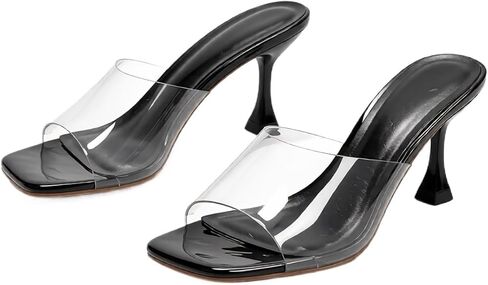 GeeYea Clear Heels for Women, Black Clear Heel Sandals, Transparent High-Heeled Mules with Square Toe, Backless Slip-On Dress Shoes for Party and Commute in Kuwait