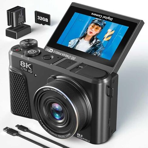8K Digital Camera with 88MP & 3" 180° Flip Screen | Vlogging Camera for Photography 18X Zoom Auto Focus , Includes 32GB SD Card & 2 Batteries (Black) in Saudi Arabia