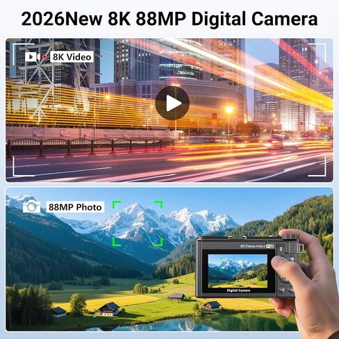 8K Digital Camera with 88MP & 3" 180° Flip Screen | Vlogging Camera for Photography 18X Zoom Auto Focus , Includes 32GB SD Card & 2 Batteries (Black) in Saudi Arabia