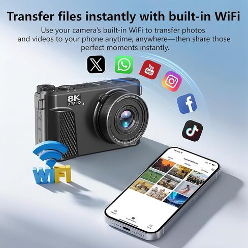 8K Digital Camera with 88MP & 3" 180° Flip Screen | Vlogging Camera for Photography 18X Zoom Auto Focus , Includes 32GB SD Card & 2 Batteries (Black) in Saudi Arabia