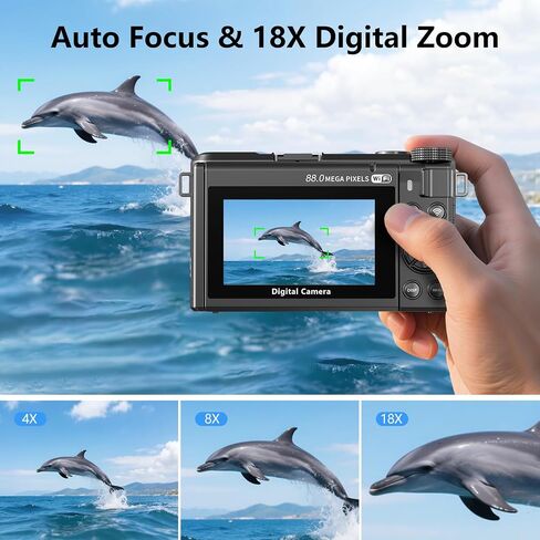 8K Digital Camera with 88MP & 3" 180° Flip Screen | Vlogging Camera for Photography 18X Zoom Auto Focus , Includes 32GB SD Card & 2 Batteries (Black) in Saudi Arabia