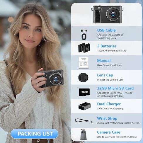8K Digital Camera with 88MP & 3" 180° Flip Screen | Vlogging Camera for Photography 18X Zoom Auto Focus , Includes 32GB SD Card & 2 Batteries (Black) in Saudi Arabia