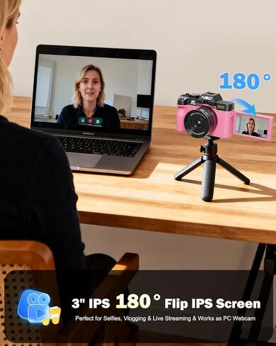 NBD 8K 64MP Digital Cameras for Photography with Dual-Lens,180°Flip Screen—Point and Shoot Digital Cameras with 16X Zoom,Autofocus WiFi Vlogging Camera for Beginners, 2 Batteries,64GB Card (Pink) in Saudi Arabia