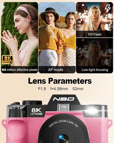 NBD 8K 64MP Digital Cameras for Photography with Dual-Lens,180°Flip Screen—Point and Shoot Digital Cameras with 16X Zoom,Autofocus WiFi Vlogging Camera for Beginners, 2 Batteries,64GB Card (Pink) in Saudi Arabia