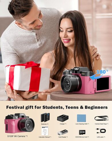 NBD 8K 64MP Digital Cameras for Photography with Dual-Lens,180°Flip Screen—Point and Shoot Digital Cameras with 16X Zoom,Autofocus WiFi Vlogging Camera for Beginners, 2 Batteries,64GB Card (Pink) in Saudi Arabia