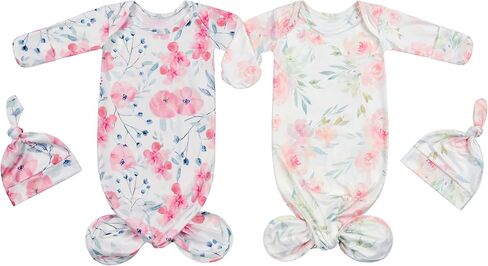 Newborn Baby Cotton Sleeper Gown with Beanie 0-3 Months | 2 Packs, Baby Girls, Floral Knotted Nightgowns, Machine Wash, Coming Home Outfit in Kuwait