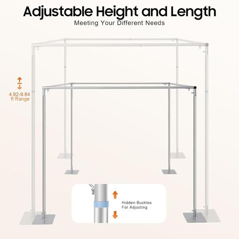 9.84FT Adjustable Square Backdrop Stand, 4-Post Metal Balloon Arch Stand with Base, Heavy Duty Wedding Arch Backdrop Stand Kit for Party Decoration, Garden Trellis, Silver in Saudi Arabia