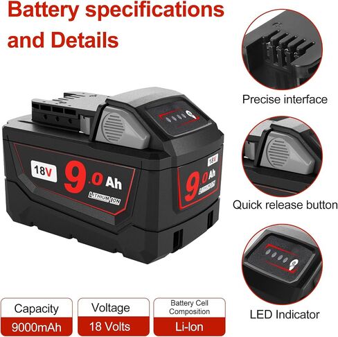 9Ah 18V Battery Replacement Compatible with Milwaukee 18V Tools | 9Ah 18V battery compatible with Milwaukee tools, providing extended runtime with LED indicator and reliable power. in Saudi Arabia