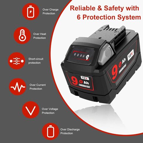 9Ah 18V Battery Replacement Compatible with Milwaukee 18V Tools | 9Ah 18V battery compatible with Milwaukee tools, providing extended runtime with LED indicator and reliable power. in Saudi Arabia