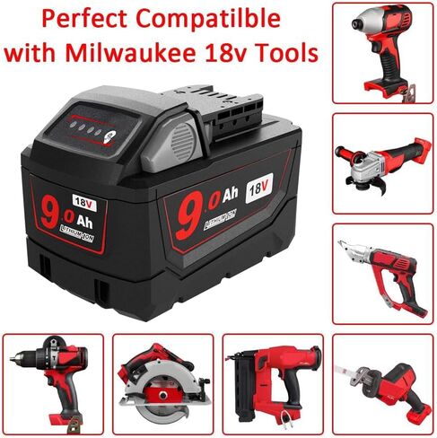 9Ah 18V Battery Replacement Compatible with Milwaukee 18V Tools | 9Ah 18V battery compatible with Milwaukee tools, providing extended runtime with LED indicator and reliable power. in Saudi Arabia
