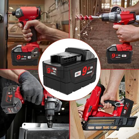 9Ah 18V Battery Replacement Compatible with Milwaukee 18V Tools | 9Ah 18V battery compatible with Milwaukee tools, providing extended runtime with LED indicator and reliable power. in Saudi Arabia