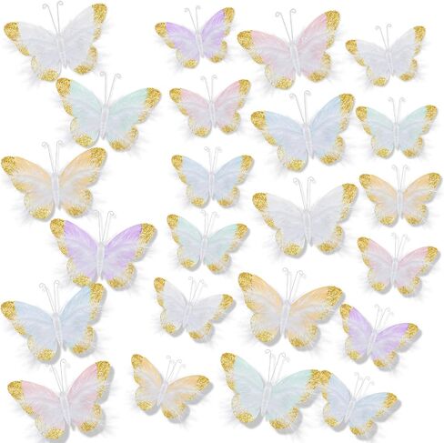 24 Pcs Pastel Feather 3D Butterfly Wall Stickers Glitter Butterfly Wall Art Mural Stickers Removable Decals Decor for Wedding Party Birtyday Flower Bouquet Nursery Bedroom Cake Home Decor in Saudi Arabia