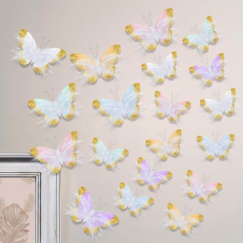 24 Pcs Pastel Feather 3D Butterfly Wall Stickers Glitter Butterfly Wall Art Mural Stickers Removable Decals Decor for Wedding Party Birtyday Flower Bouquet Nursery Bedroom Cake Home Decor in Saudi Arabia