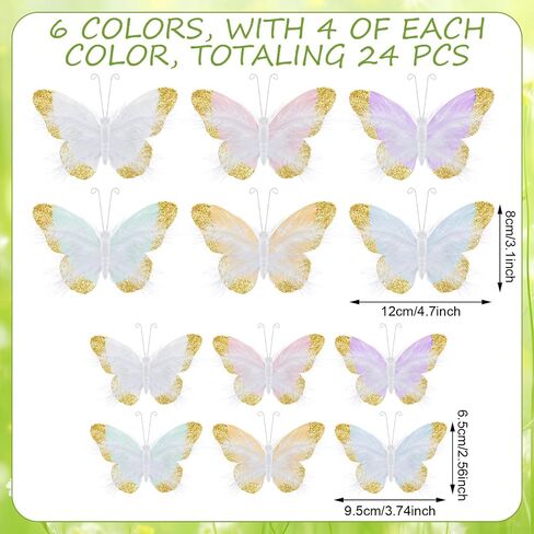 24 Pcs Pastel Feather 3D Butterfly Wall Stickers Glitter Butterfly Wall Art Mural Stickers Removable Decals Decor for Wedding Party Birtyday Flower Bouquet Nursery Bedroom Cake Home Decor in Saudi Arabia