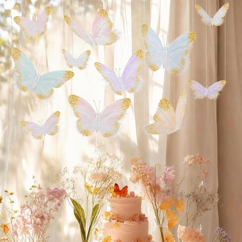 24 Pcs Pastel Feather 3D Butterfly Wall Stickers Glitter Butterfly Wall Art Mural Stickers Removable Decals Decor for Wedding Party Birtyday Flower Bouquet Nursery Bedroom Cake Home Decor in Saudi Arabia