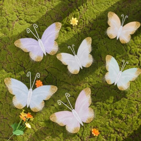 24 Pcs Pastel Feather 3D Butterfly Wall Stickers Glitter Butterfly Wall Art Mural Stickers Removable Decals Decor for Wedding Party Birtyday Flower Bouquet Nursery Bedroom Cake Home Decor in Saudi Arabia