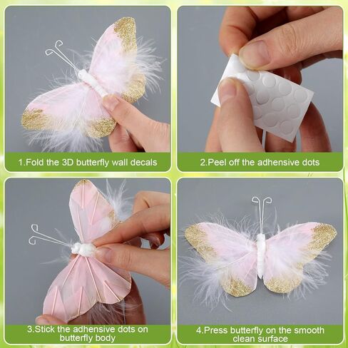 24 Pcs Pastel Feather 3D Butterfly Wall Stickers Glitter Butterfly Wall Art Mural Stickers Removable Decals Decor for Wedding Party Birtyday Flower Bouquet Nursery Bedroom Cake Home Decor in Saudi Arabia