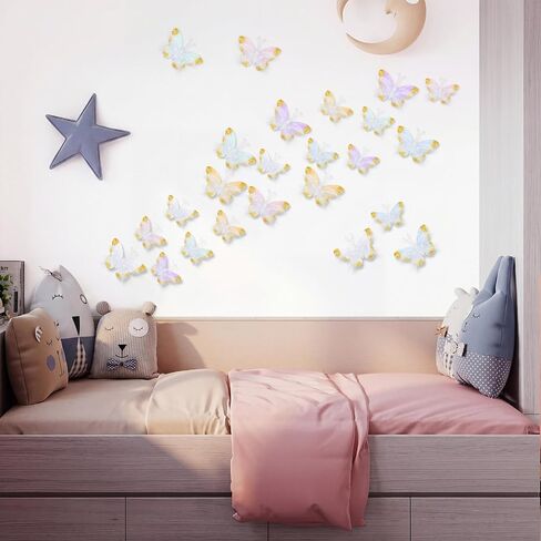 24 Pcs Pastel Feather 3D Butterfly Wall Stickers Glitter Butterfly Wall Art Mural Stickers Removable Decals Decor for Wedding Party Birtyday Flower Bouquet Nursery Bedroom Cake Home Decor in Saudi Arabia