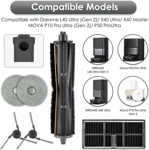 (33 Pack) L40 Ultra (Gen 2) Replacement Parts Compatible with Dreame X40 Ultra/ D30 Ultra, for MOVA P10 (Gen 2)/ P50 Pro Ultra, 1 TriCut Brush, 8 Side Brushes, 8 HEPA Filters, 8 Dust Bags, 8 Mop Pads in Kuwait