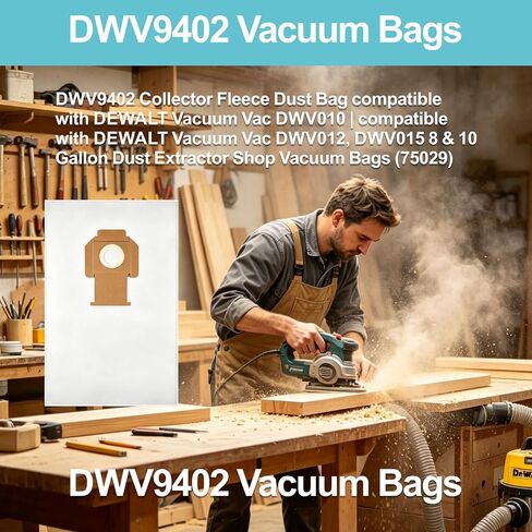DWV9402 Collector Fleece Dust Bag compatible with DEWALT Vacuum Vac DWV010 | compatible with DEWALT Vacuum Vac DWV012, DWV015 8 & 10 Gallon Dust Extractor Shop Vacuum Bags (75029)(5 Pack) in Kuwait