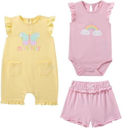 TRND O&X Baby Girl 3-Pack Cotton Outfit, Ruffle Romper Bodysuit Shorts Set with Cute Butterfly Rainbow Print in Kuwait