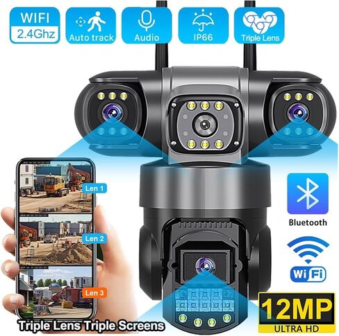 V380 Pro WiFi IP Camera Outdoor 12MP 6K Triple Lenses Triple Screens Security Video Monitor Night Vision Waterproof CCTV Cameras(UK Plug,Cam Add 32GB Card) in Kuwait