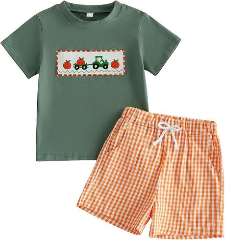 Toddler Baby Boy Halloween Outfit Short Sleeve T Shirt Plaid Shorts Set | Baby Toddler Boy Halloween Outfits Pumpkin Tractor/Truck Embroidery Smocked Short Sleeve T Shirt Top Plaid Shorts Set in Saudi Arabia