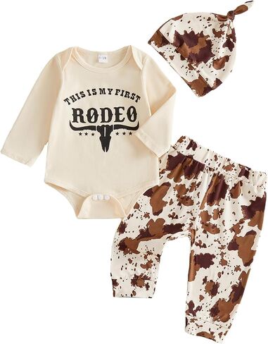 Newborn Baby Boy Western Outfits My First Rodeo Romper Cow Pants Hat Set | Newborn Infant Baby Boy Western Outfits My First Rodeo Long Sleeve Romper Cow Print Pants with Hat 3pcs Country Clothes Set in Saudi Arabia