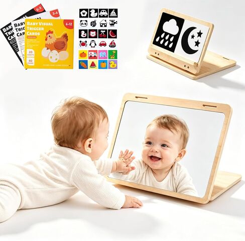 Tummy Time Mirror with 60 High Contrast Cards, 2 in 1 Wooden Montessori Mirrors & Card Display Stand, Shatterproof Safe Baby Floor Mirror, Black White Colorful Visual Stimulation Sensory Toy in Kuwait