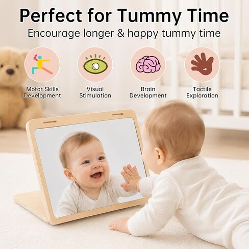 Tummy Time Mirror with 60 High Contrast Cards, 2 in 1 Wooden Montessori Mirrors & Card Display Stand, Shatterproof Safe Baby Floor Mirror, Black White Colorful Visual Stimulation Sensory Toy in Kuwait