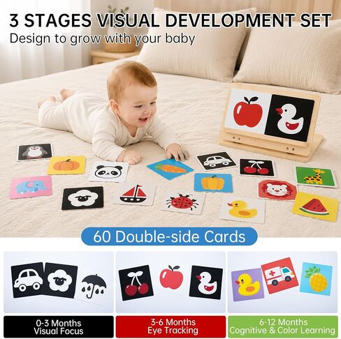 Tummy Time Mirror with 60 High Contrast Cards, 2 in 1 Wooden Montessori Mirrors & Card Display Stand, Shatterproof Safe Baby Floor Mirror, Black White Colorful Visual Stimulation Sensory Toy in Kuwait