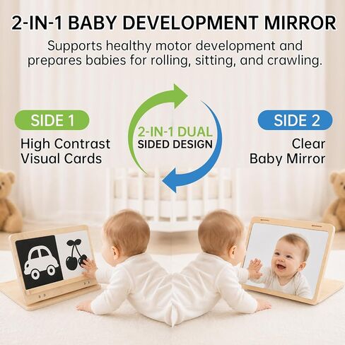 Tummy Time Mirror with 60 High Contrast Cards, 2 in 1 Wooden Montessori Mirrors & Card Display Stand, Shatterproof Safe Baby Floor Mirror, Black White Colorful Visual Stimulation Sensory Toy in Kuwait