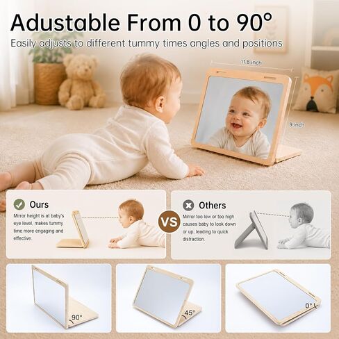 Tummy Time Mirror with 60 High Contrast Cards, 2 in 1 Wooden Montessori Mirrors & Card Display Stand, Shatterproof Safe Baby Floor Mirror, Black White Colorful Visual Stimulation Sensory Toy in Kuwait