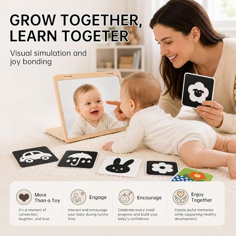 Tummy Time Mirror with 60 High Contrast Cards, 2 in 1 Wooden Montessori Mirrors & Card Display Stand, Shatterproof Safe Baby Floor Mirror, Black White Colorful Visual Stimulation Sensory Toy in Kuwait
