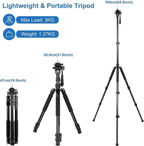 Camera Tripod, 64.5" Foldable Travel Outdoor DSLR for Video Recording Photos Vlogging Tripod with 360° Fluid Drag Head Load Capacity 11lbs, for Video Recording Photos Vlogging in Saudi Arabia