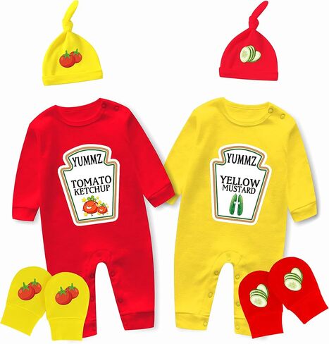 2-Pack Baby Twins Bodysuit Ketchup Mustard Newborn Romper Funny Long Sleeve Outfits Hat Socks Set Twin Boy Girl 0-12M in Kuwait