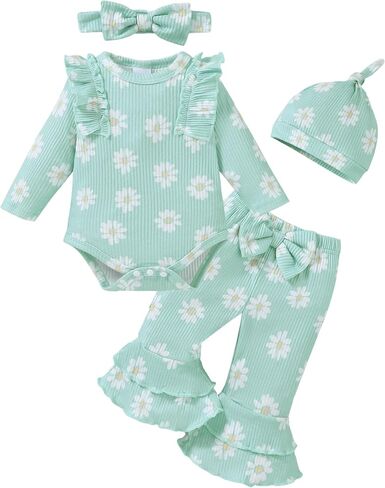 Renotemy Newborn Baby Girl Clothes Infant Fall Outfits Preemie-12Months | Preemie Clothes Girl Newborn Essentials,Winter Going Home Outfit,Ruffle Snap Button Design Bodysuit Romper Bell Bottom Pants in Saudi Arabia