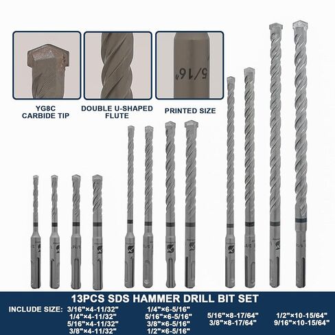 Rotary Hammer Drill Bits and Chisels Set, SDS Plus, 17PCS | Includes SDS Plus drill bits and chisels for concrete, stone and brick work, with storage case for transport and organization in Kuwait