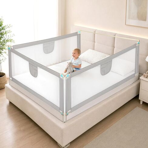 3-Piece King Size Toddler Bed Rail Guard, No Drill Vertical Lift Baby Bed Barrier, 24 Gear Adjustable Height Safety Bed Rail with Double Lock, Seamless Gapless Kids Bed Fence, 78.7"x78.7"x74.8", Grey in Saudi Arabia
