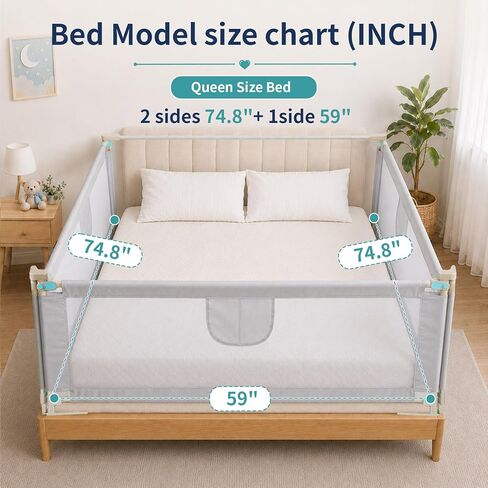 3-Piece King Size Toddler Bed Rail Guard, No Drill Vertical Lift Baby Bed Barrier, 24 Gear Adjustable Height Safety Bed Rail with Double Lock, Seamless Gapless Kids Bed Fence, 78.7"x78.7"x74.8", Grey in Saudi Arabia