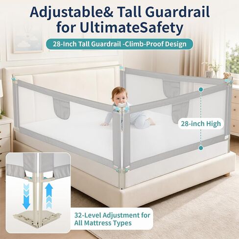 3-Piece King Size Toddler Bed Rail Guard, No Drill Vertical Lift Baby Bed Barrier, 24 Gear Adjustable Height Safety Bed Rail with Double Lock, Seamless Gapless Kids Bed Fence, 78.7"x78.7"x74.8", Grey in Saudi Arabia
