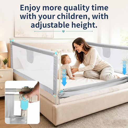 3-Piece King Size Toddler Bed Rail Guard, No Drill Vertical Lift Baby Bed Barrier, 24 Gear Adjustable Height Safety Bed Rail with Double Lock, Seamless Gapless Kids Bed Fence, 78.7"x78.7"x74.8", Grey in Saudi Arabia